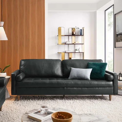 Vista 2 de Modway Valour - Sofá de cuero y espuma densa de 88 pulgadas con acabado negro