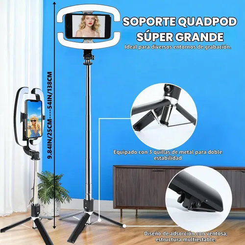 Vista 4 de Luz plegable para selfie con soporte, soporte extensible de 54 pulgadas para teléfono con luces LED regulables y control remoto, trípode de luz