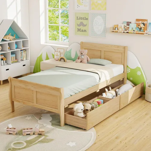 Vista 16 de KOMFOTT Cama individual con 2 cajones, cama de almacenamiento individual con cabecera y estribo, marco de cama de madera de trineo con soporte