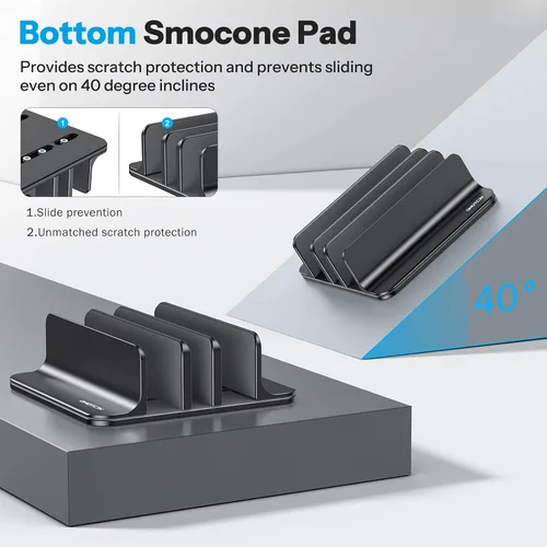 Vista 3 de Omoton Soporte vertical para laptop de 3 ranuras, soporte de escritorio de aluminio para MacBook con base ajustable, se adapta a todas las MacBook