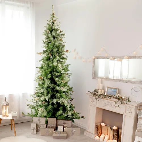 Vista 9 de Fraser Hill Farm Árbol de Navidad artificial delgado de abeto búfalo de 9 pies con luces LED dobles multicolor y blanco cálido, árbol falso plegable