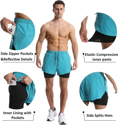 Vista 4 de OEBLD Mens Running Shorts 3 Inch Workout Gym 2-in-1 Pants Athletic Compression Tights