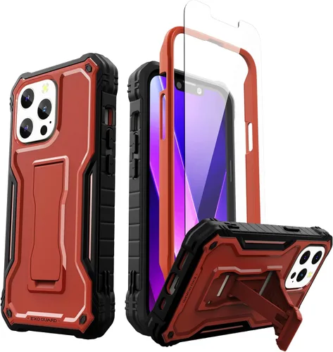 Vista 11 de ExoGuard Compatible con iPhone 13 Mini, funda de goma a prueba de golpes de cuerpo completo con protector de pantalla de vidrio templado, soporte