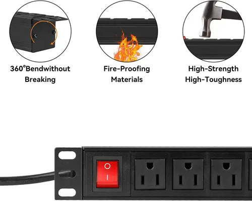Vista 4 de BTU Protector de sobretensiones de alimentación PDU para montaje en bastidor, regleta de alimentación de 12 salidas con interruptor, montaje