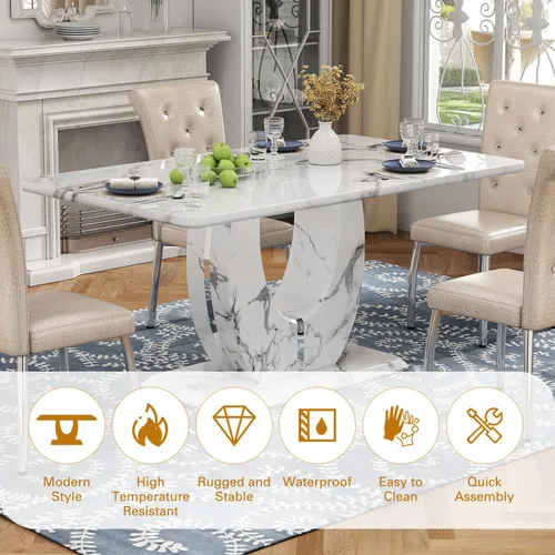 Vista 3 de Moderno juego de mesa de comedor de mármol sintético para 4, mesa de cocina rectangular blanca de 63 pulgadas con elegante base de pedestal