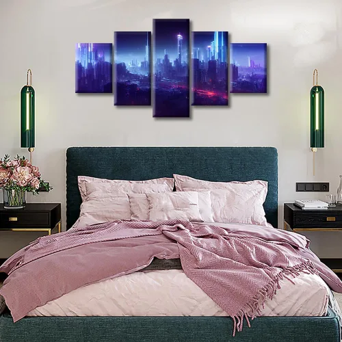 Vista 303 de Cuadros de 5 paneles de Cyberpunk City, arte de pared, representación de vallas publicitarias, edificios modernos en la capital con obras de arte