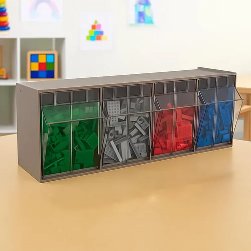 Vista 2 de Akro-Mils TiltView Armario de almacenamiento de plástico con 4 contenedores inclinables, organizador horizontal de piezas de plástico, caja