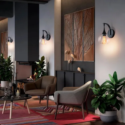 Vista 4 de Juego de dos apliques de pared negros, lámpara de pared moderna con pantalla de vidrio transparente, accesorios de iluminación de tocador de baño