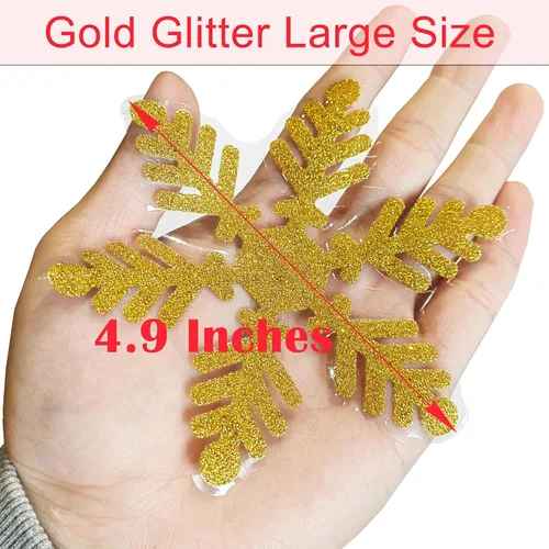 Vista 3 de Adhesivos de Copos de Nieve Dorados con Purpurina para Ventanas 147 PCS Copos de Nieve Brillantes para Ventanas Decoraciones de Paraíso Invernal Oro