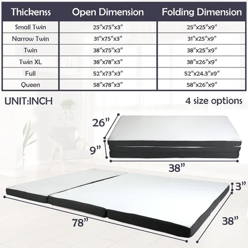 Vista 6 de Colchón plegable de espuma viscoelástica, colchón triple de 3 pulgadas con funda lavable, certificado CertiPUR-US, colchón portátil individual XL