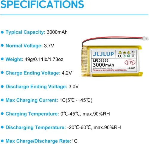 Vista 2 de Batería Lipo de 3.7 V 3000 mAh Baterías recargables de polímero de litio con cable JST1.0.984 in Conector Circuito de protección integrado