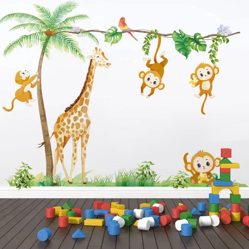 Vista 6 de Runtoo Calcomanías de pared de mono con diseño de árbol de animales de la selva para decoración de pared de dormitorio de niños Árboles de mono