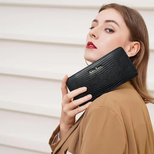 Vista 2 de Carteras de embrague para mujer monederos de cuero de vaca divididos con pulsera Negro talla única