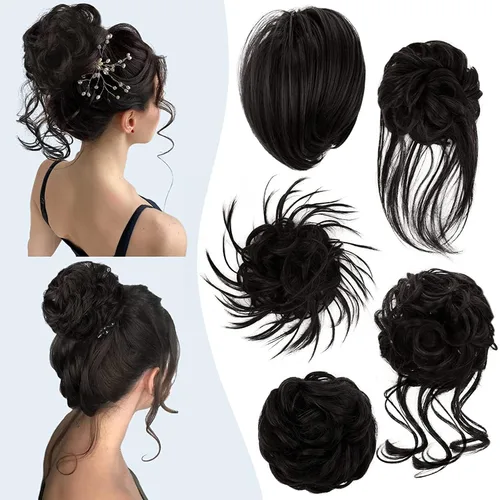 Vista 15 de HMD 5 piezas de moño despeinado para mujer, extensión de cabello con banda de goma elástica, extensión de cabello largo y desordenado, accesorios