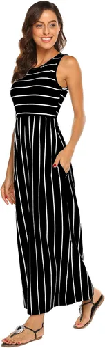 Vista 4 de Hount Vestido largo informal de verano para mujer holgado a rayas sin mangas con vuelo con bolsillos