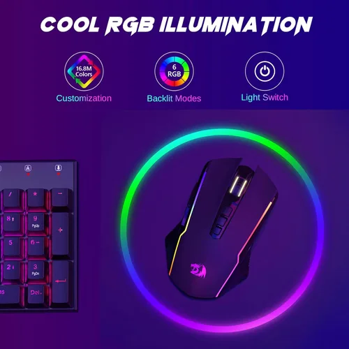 Vista 3 de Redragon Ratón inalámbrico para juegos, triple modo 2.4GUSB-CBluetooth, 10000 DPI, retroiluminación RGB, totalmente programable, mouse inalámbrico