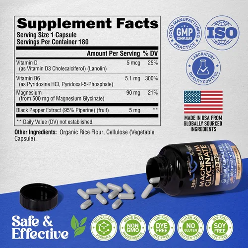 Vista 7 de Glicinato de magnesio 500 mg – Suplemento quelatado – Forma de alta absorción de magnesio – Apoyo para el sueño, la salud muscular y cardíaca