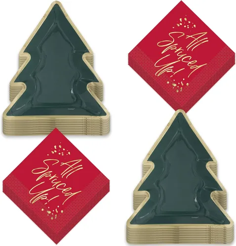 Vista 17 de HOME & HOOPLA Platos y servilletas de papel grandes para fiesta de Navidad, diseño calmado y brillante en verde y dorado moderno (para 16 personas)