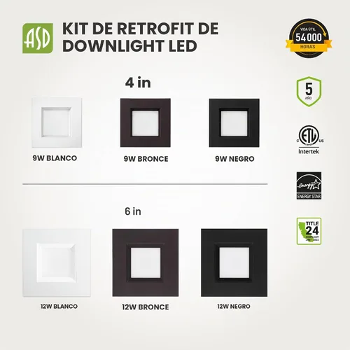 Vista 9 de ASD Luces LED Empotradas Cuadradas Blancas de 6 Pulgadas Retrofit - 12W 1050LM 2700/3000/3500/4000/5000K Seleccionable Regulable LED Downlight Blanco