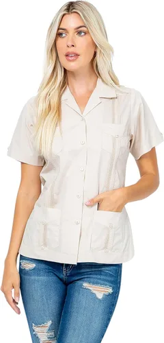 Vista 16 de Mojito Collection Guayabera de manga corta clásica de mezcla de algodón para mujer con 4 bolsillos Aguamarina (Aquamarine)