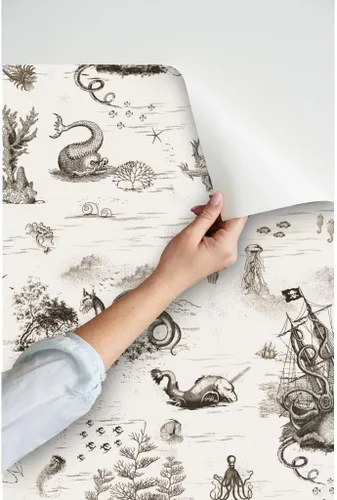 Vista 3 de Spoonflower Papel tapiz para despegar y pegar, diseño vintage de dragón, océano, pulpo, sepia, toile, sirena, steampunk, papel tapiz extraíble