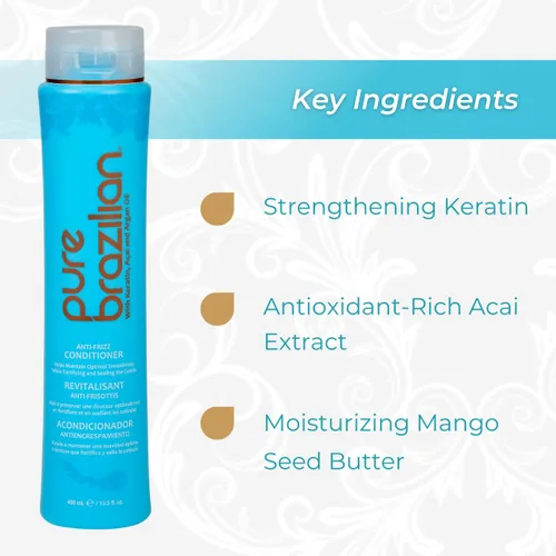 Vista 3 de PURE BRAZILIAN Acondicionador diario antiencrespamiento con queratina y acai, complejo suavizante y fortalecedor para cabello más brillante sin