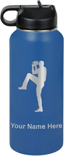 Vista 50 de LaserGram Botella de agua personalizada, jarra de béisbol, acero inoxidable de doble pared aislada al vacío con popote superior, regalo grabado Negro