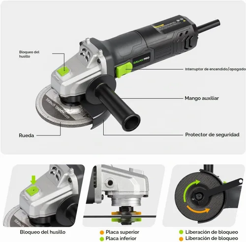 Vista 2 de GALAX PRO Amoladora Angular Eléctrica, Equipada con Motor de 4.0 Amperios con Potencia de Salida Máxima de 750W, Amoladora Angular con Cable