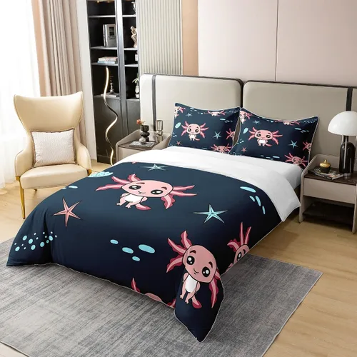 Vista 2 de Axolotl Funda de Edredón 100% Algodón Tamaño Twin Lindo Juego de Ropa de Cama de Axolotl Funda de Edredón Kawaii Funda de Edredón de Animales