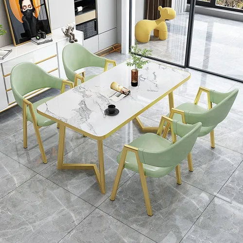 Vista 6 de LITFAD Juego de comedor con parte superior de piedra sinterizada escandinava con mesa de comedor rectangular, moderna mesa de comedor con 4 sillas