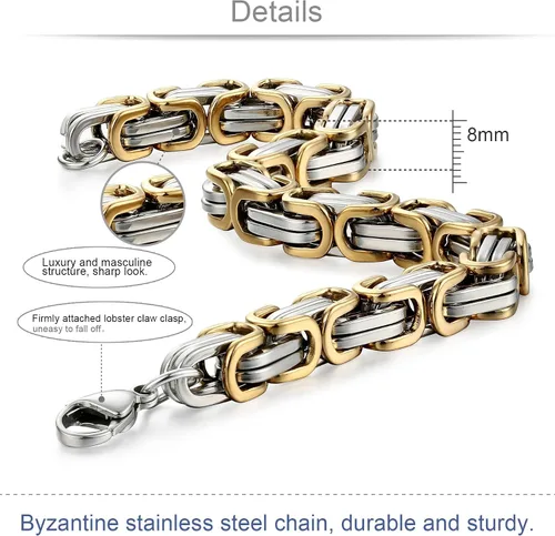 Vista 2 de Jstyle Collar de cadena de acero inoxidable para hombre Pulsera bizantina para hombre Juego de joyas para hombre de 85 pulgadas y 2224 pulgadas