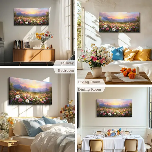 Vista 3 de crmotu Arte de pared de paisaje grande, arte de pared de flores, decoración de pared floral, arte de campo de margaritas para paredes, pinturas