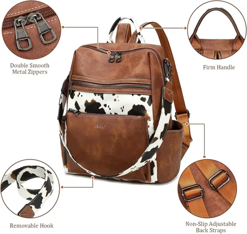 Vista 2 de Mochila de cuero para mujer, bolso de hombro para mujer, bolso de hombro de moda de imitación para trabajo, marrón (Cow Brown), Mediana, Mochila