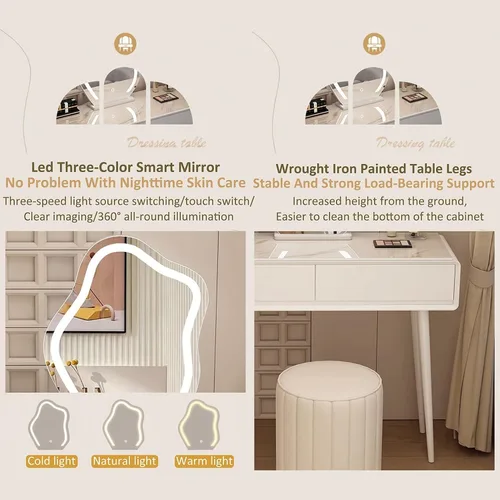 Vista 5 de Tocador con espejo con luces, mesa de tocador con cajones, mesa de maquillaje blanca, 3 modos de iluminación de brillo ajustable, para dormitorio