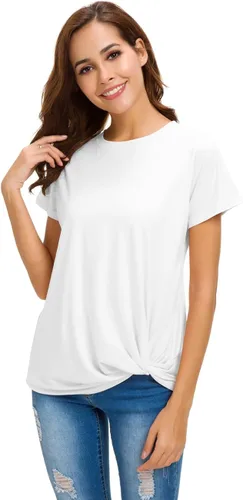 Vista 6 de Moqueen - Camiseta holgada para mujer de manga corta con nudo frontal, de algodón, informal