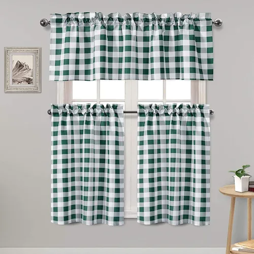 Vista 12 de Hiasan - Juego de cortinas semitraslúcidas a cuadros con cenefa y paneles de cocina, filtro de luz Buffalo a cuadros, color aguamarina y blanco