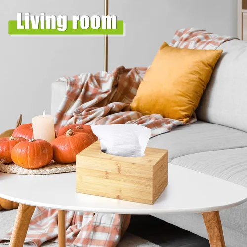 Vista 5 de Funda rectangular para caja de pañuelos de bambú, caja de pañuelos rectangular con parte inferior deslizante, cubo decorativo para pañuelos faciales