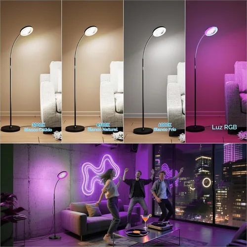 Vista 5 de Ventilador de piso con luz, lámpara de pie regulable RGB de 26W LED Ventilador de lámpara de pie de 3 velocidades con control remoto, cuello