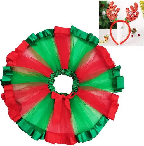 Vista 3 de Danballto Tutú de Navidad para niñas pequeñas, tutú de Navidad, fiesta, festival, falda tutú de Navidad, cuernos de reno, diadema, regalos, 2 Tonos