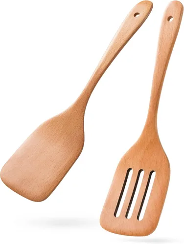 Vista 6 de Juego de 2 espátulas de madera para cocinar, espátulas de madera de 12 pulgadas con espátula de madera plana y espátula ranurada, utensilios
