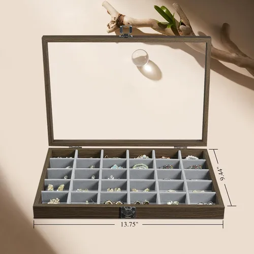 Vista 5 de Stratalife Organizador de joyas de madera con 30 rejillas, bandeja para aretes, caja de anillos, organizador de aretes con tapa transparente