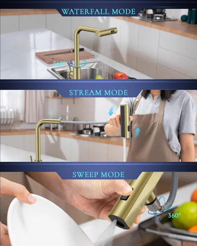 Vista 3 de APPASO Grifo de Cocina Dorado Sin Contacto con Rociador Desplegable, Grifo de Fregadero de Cocina con Sensor de Movimiento Tipo Cascada con Mango