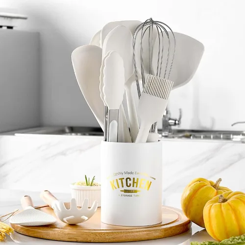 Vista 6 de Juego de utensilios de cocina de silicona, 446 °F resistente al calor, mango de madera de 13 piezas para juego de cocina antiadherente (sin BPA)