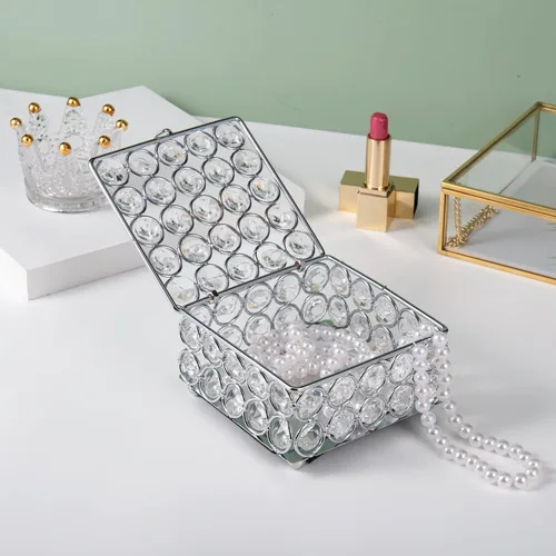 Vista 4 de Feyarl Caja de joyería de cristal, aretes, anillos, organizador del tesoro, caja de recuerdo con tapa para decoración de tocador, habitación