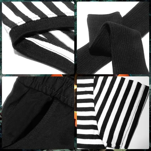 Vista 4 de FONYFA Disfraz de Addams de Halloween, camisetas de manga corta a rayas, pantalones cortos y calcetines de tubo alto para fiesta temática