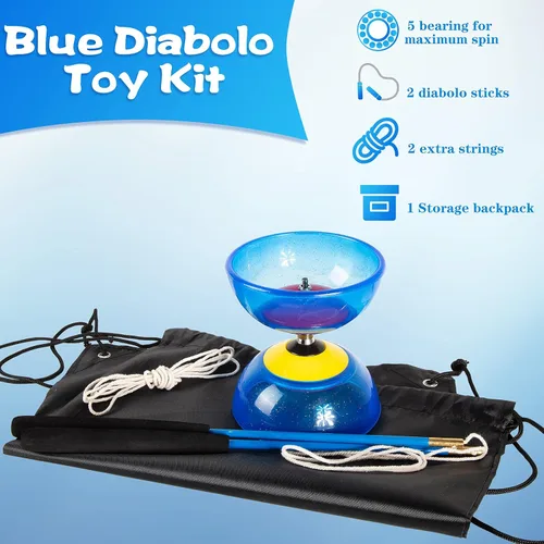 Vista 4 de Juego de 6 piezas de juguetes de Diábolo chino incluye 5 pulgadas, cinco rodamientos, juguetes de bola azul Yoyo con 2 palos de aleación, 2 cuerdas