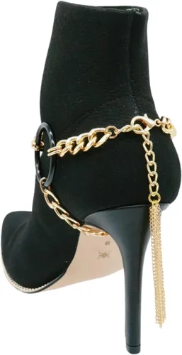 Vista 3 de Pulsera de botas de moda para mujer, cadena de metal, zapato de motociclista, negro, círculo, borla dorada, Metal