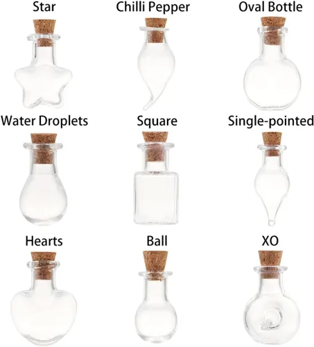 Vista 5 de 25 mini botellas de vidrio con tapas de corcho, 5 formas clásicas, pequeños frascos de vidrio, botellas de deseos, pequeños frascos decorativos