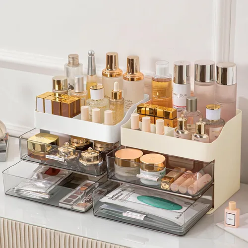 Vista 4 de DASITON Organizador de maquillaje con 2 cajones, organizador de cosméticos de maquillaje de gran capacidad para tocador, tocador de baño
