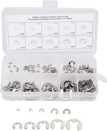 Vista 8 de Surtido de clips métricos E, kit de sujeción de anillos de retención externos sin rebabas para reparación de ejes, acero inoxidable 304, plata